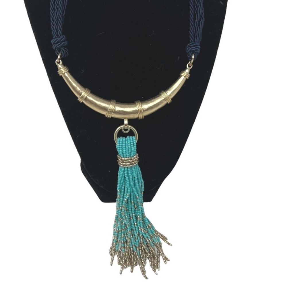 Cleopatra Choker Gold Tone Blue Cord Teal‎ Blue Beaded Tassel Necklace